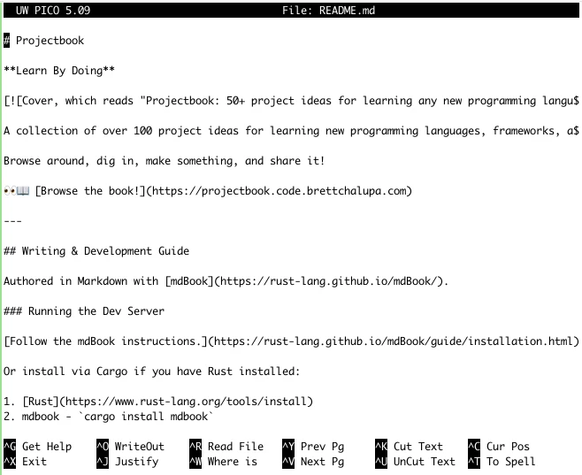Screenshot of the Nano editor with the Projectbook README.md open