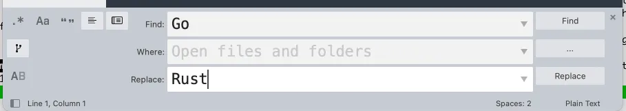 screenshot of Sublime's find and replace