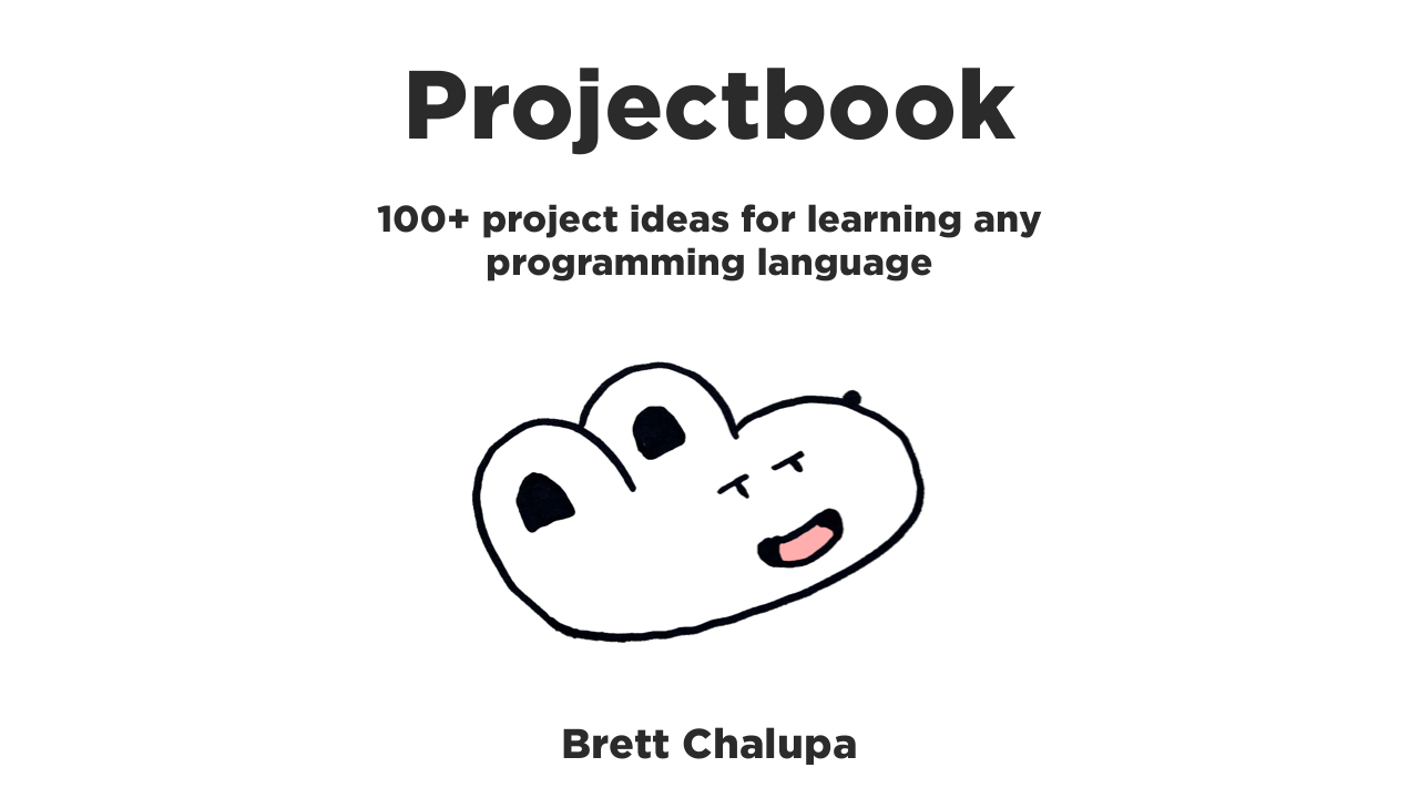 Cartoon rabbit illustration with title of Projectbook and subtitle of '100+ project ideas for learning any programming language'