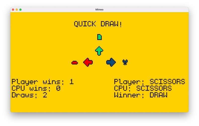 Screenshot of a red rock, green paper, and blue scissors with arrows and tallies of who has won with the title of 'Quick Draw!'