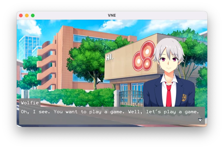 Game screenshot showing a male anime character named Wolfie with silver hair over a city background with text that says, 'Oh, I see. You want to play a game. Well, let's play a game.'