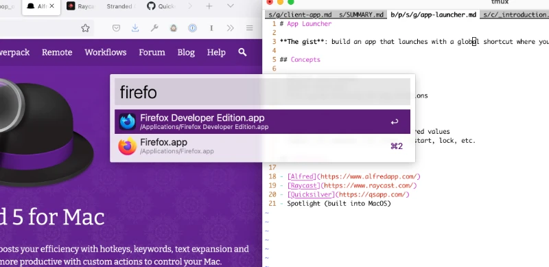 screenshot of Alfred program with Firefox typed in showing results for Firefox Developer Edition and Firefox