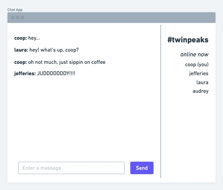 Wireframe of a chat program with main area showing text exchanged between users saying hello and the right column showing the users who are online in the #twinpeaks channel