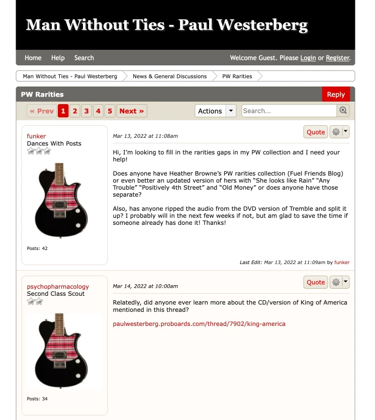 Screenshot of the Man Without Ties - Paul Westerberg forum website with a discussion thread on PW Rarities