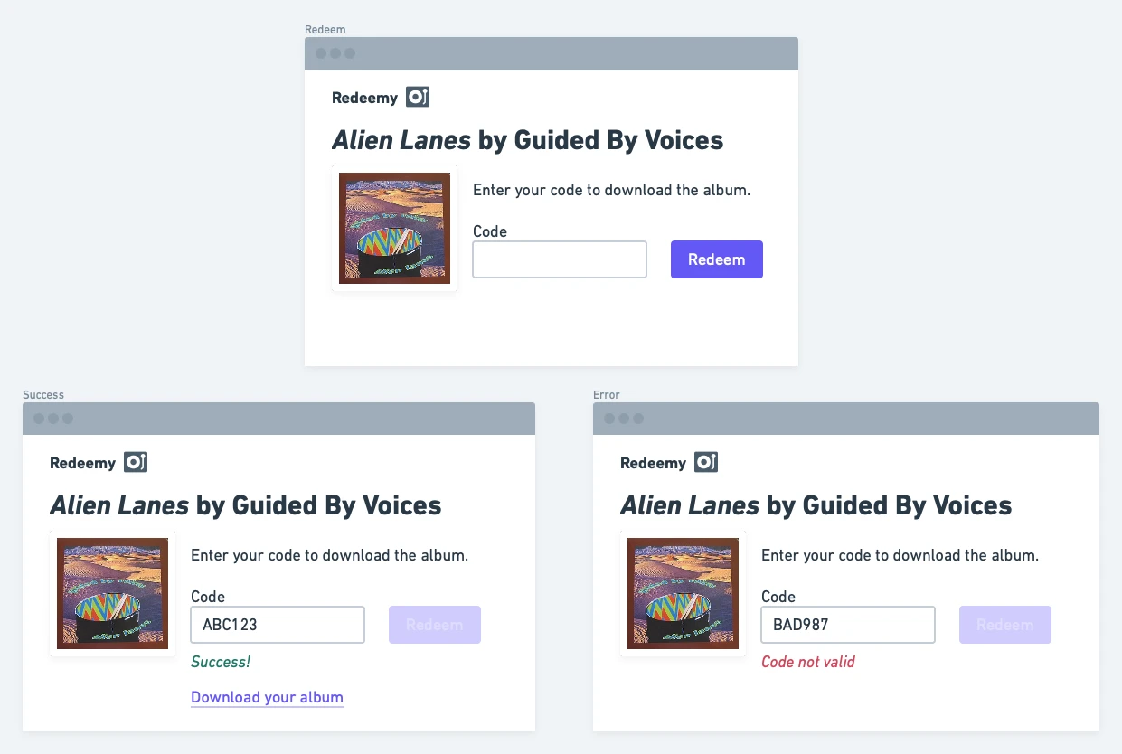 Redeemy vinyl download code redeemer mock-ups. First view: logo, heading with title and author, artwork, instruction, code input and redeem button. Second view: Disabled button, success message and download link. Third view: invalid code message