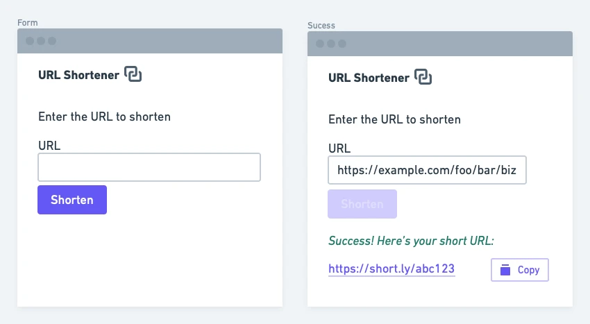 URL shortener mock-ups. First view: logo, instruction, URL input and "Shorten" button. Second view: the same, except a disabled button, a success message, the link and a copy button