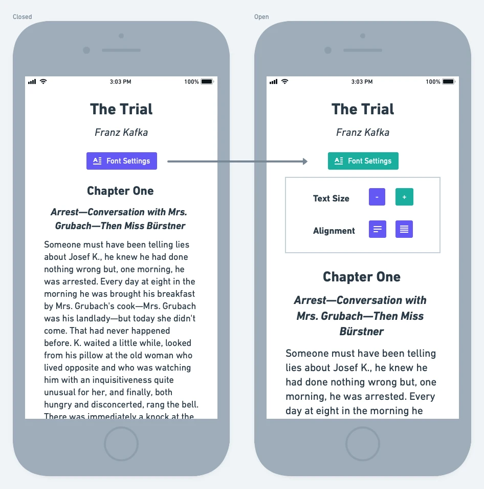 Mobile mock-ups of a prose text setting UI. On the left, the title, author, a "Font Settings" button, the chapter number and title, and the prose. On the right, the button has changed color and a panel has appeared below with buttons to change the font size and text alignment - left or justified