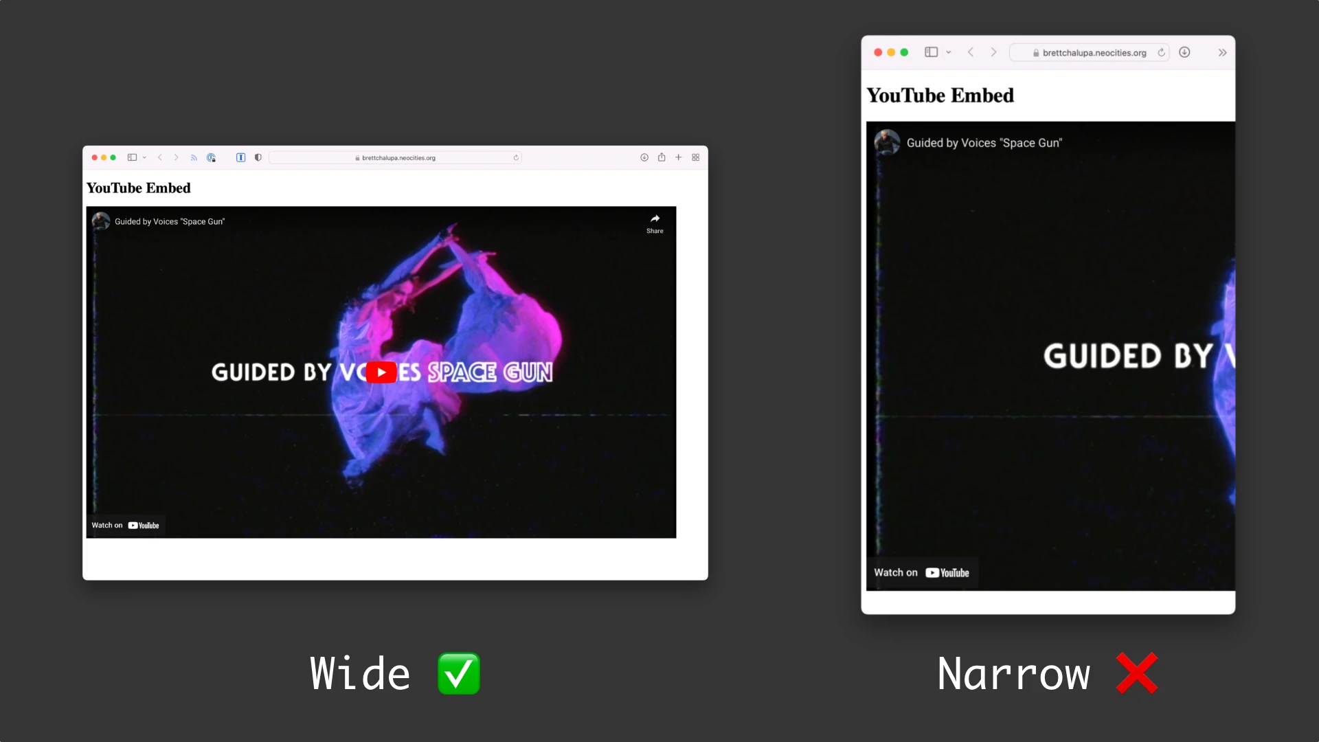 Unresponsive YouTube video diagram. On a wide screen, the embed is shown in full, whereas on a narrow screen the embed is cut off around halfway