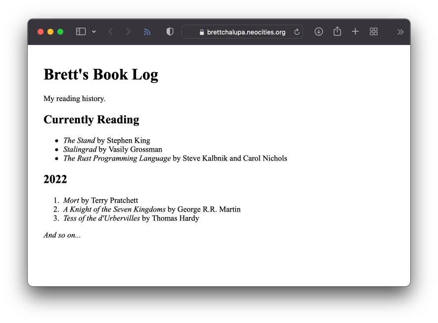 Screenshot of a book log, including a title, subtitle/description, and lists of books currently being read and that have been read in the current year