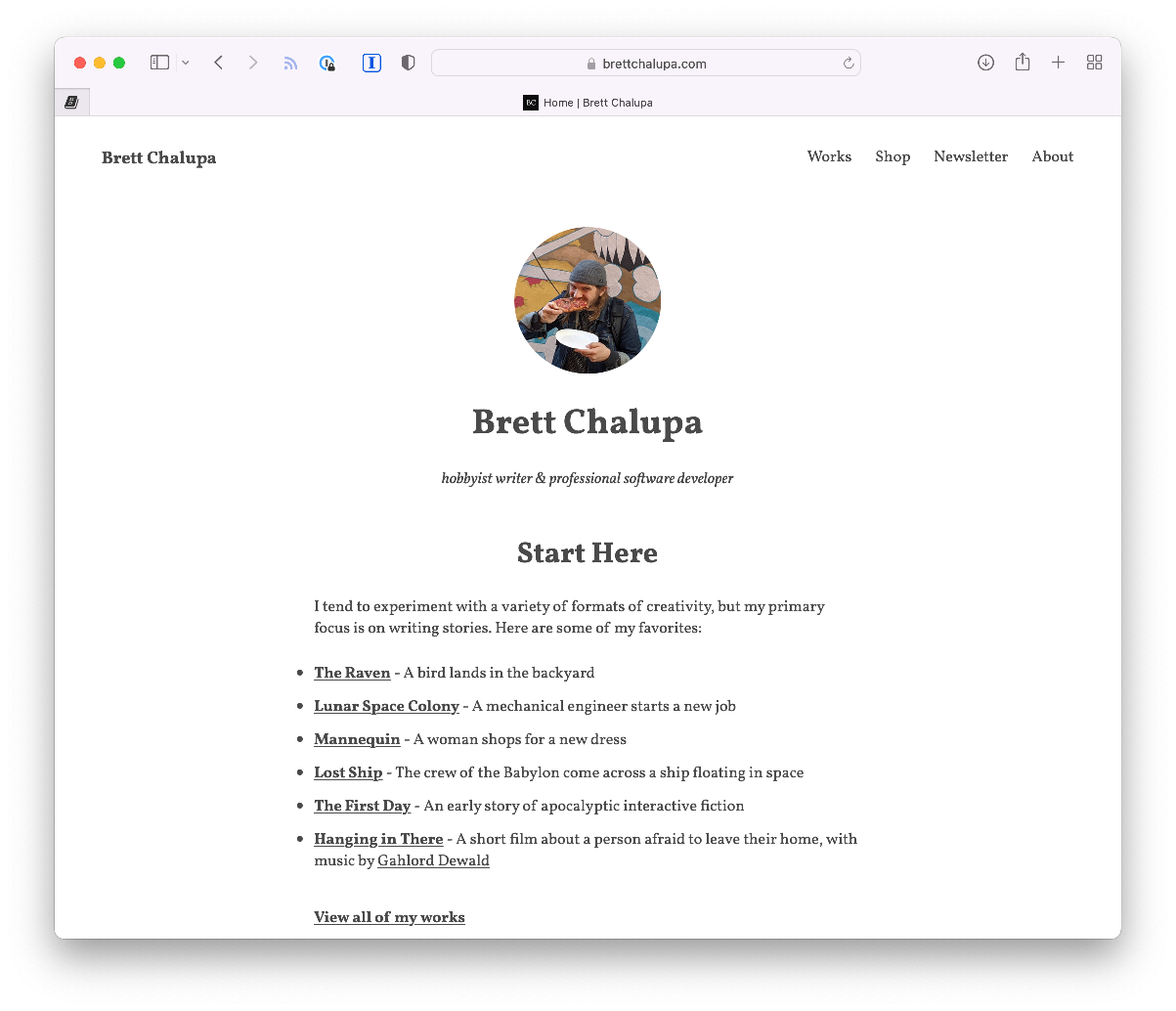 screenshot of www.brettchalupa.com from September 2022